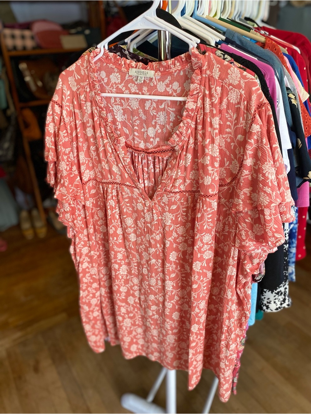 Angels Coral Floral Ruffle Sleeve Tunic